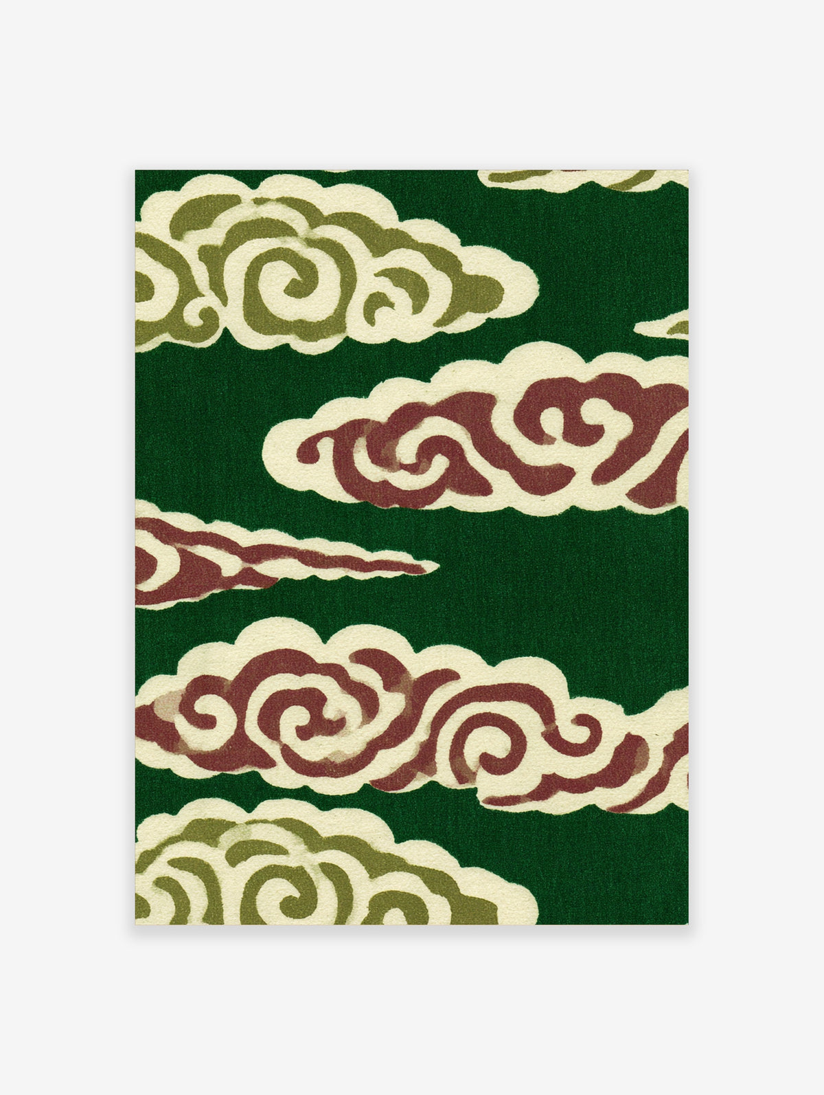 Green cloud pattern poster with cream and burgundy scroll motifs on a deep green background