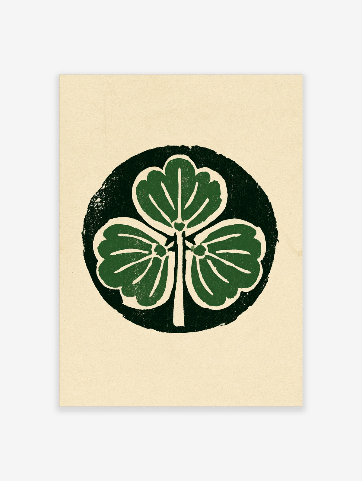 Green clover botanical art print with white veins on a dark circular background