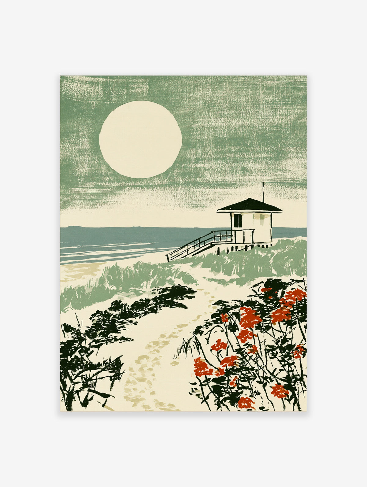 Green coastal poster with white beach hut, large sun, striped sea, and red flowers on a sandy path