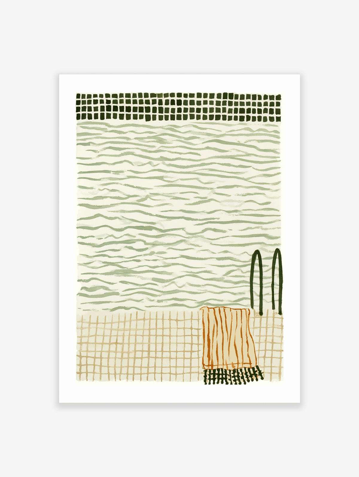 Abstract green coastal art print with wavy lines, tan grid, dark green arches, and orange towel