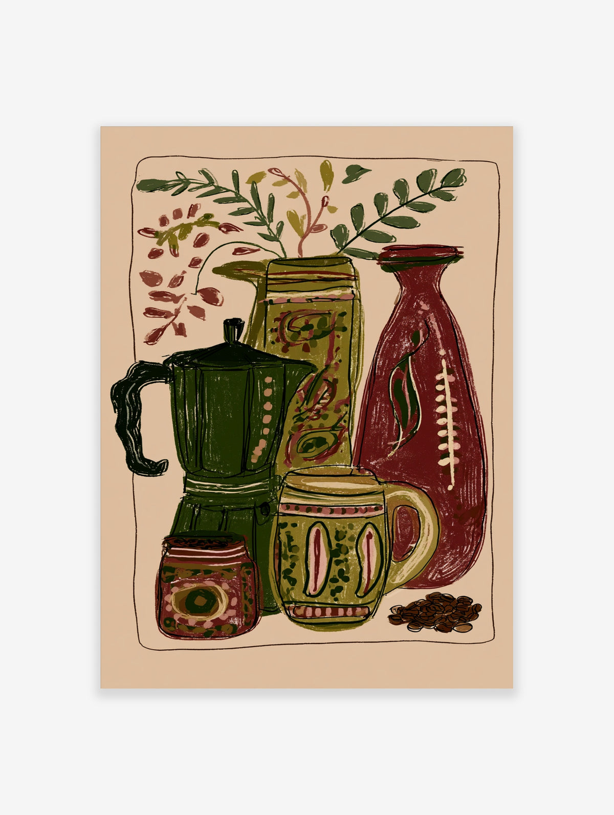 Green coffee pot poster with moka pot, patterned jar, mug, vase, and coffee beans in a retro still life