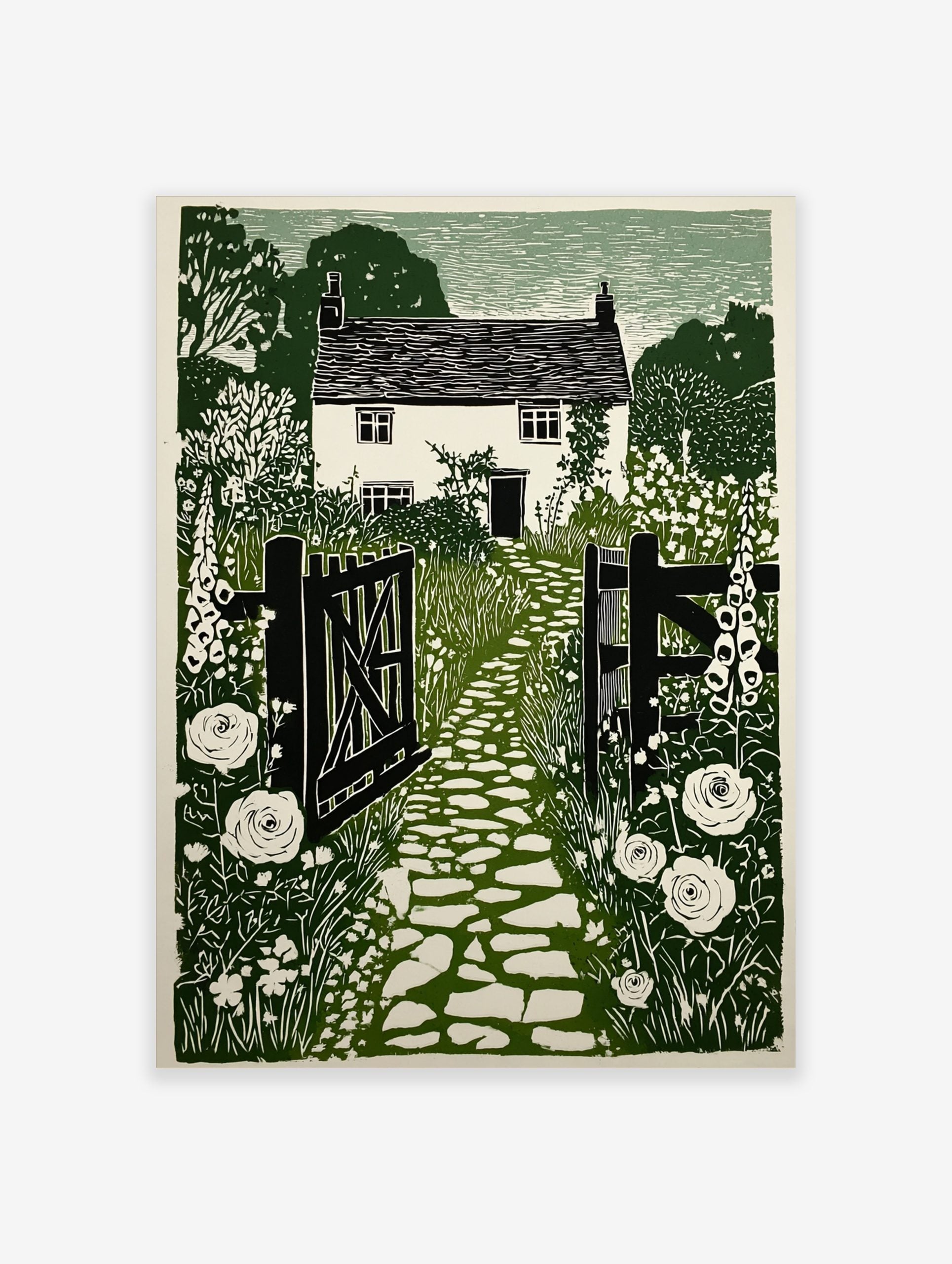 Green linocut print of a British cottage garden with open gate, cobbled path, foxgloves, and roses
