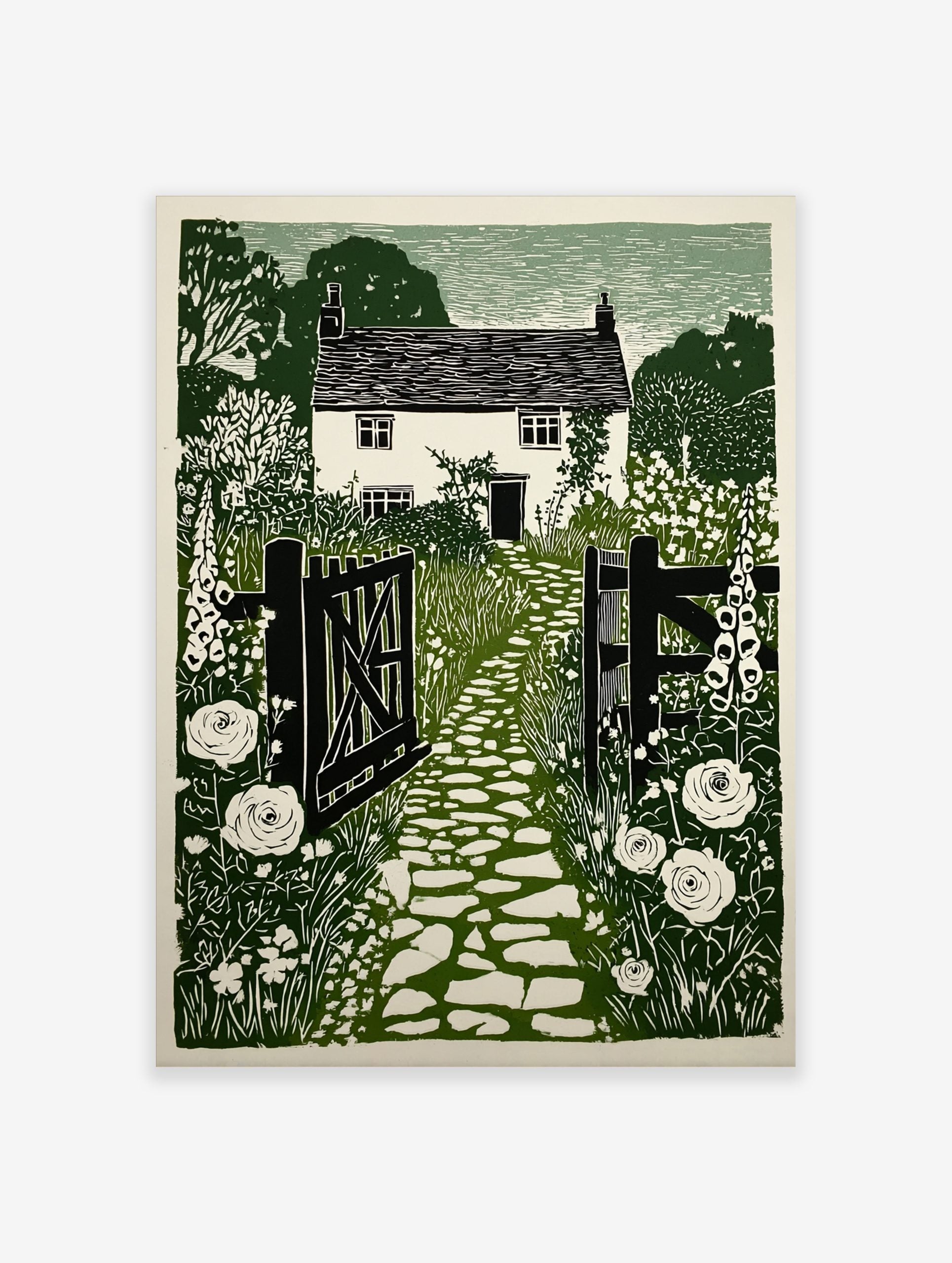 Green and white linocut style print of a cottage garden with a stone path, open gate, and foxgloves