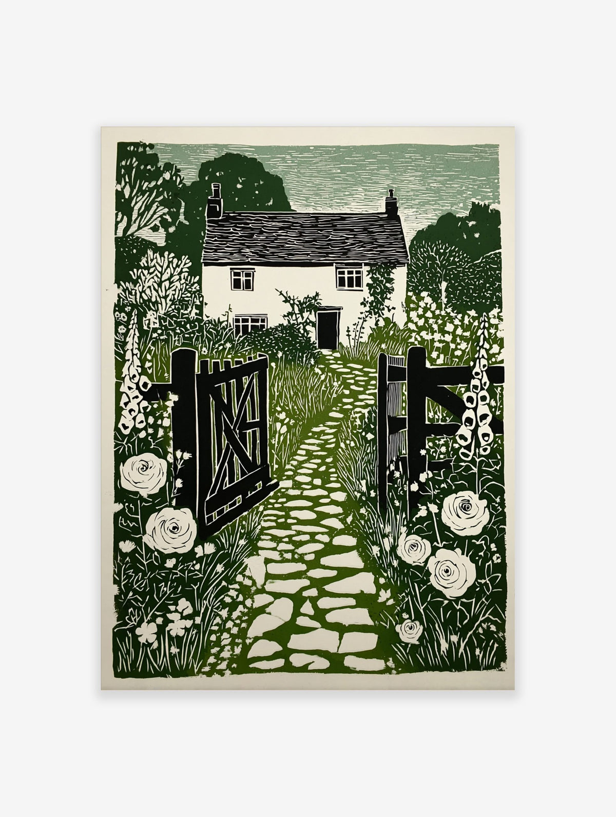 Green and white linocut style print of a cottage garden with a stone path, open gate, and foxgloves