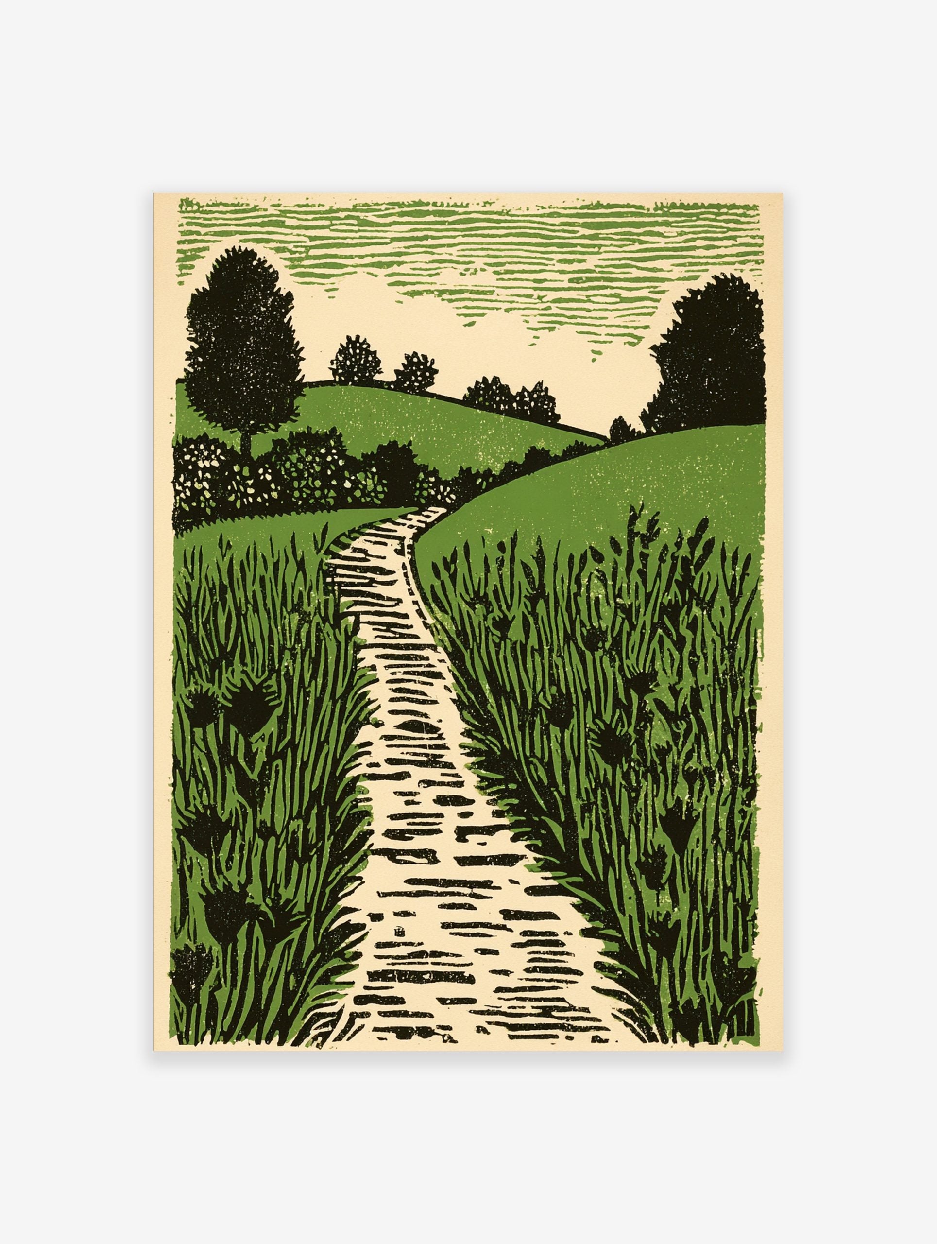 Linocut style print of a winding path through green fields, rolling hills, and trees under a textured sky