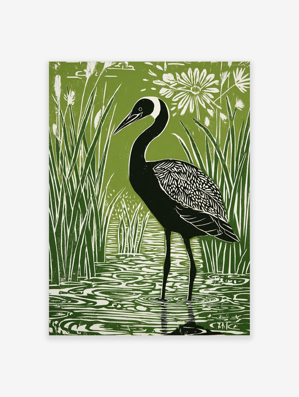 Green and white linocut style print of a black crane bird in reeds and water with a white flower