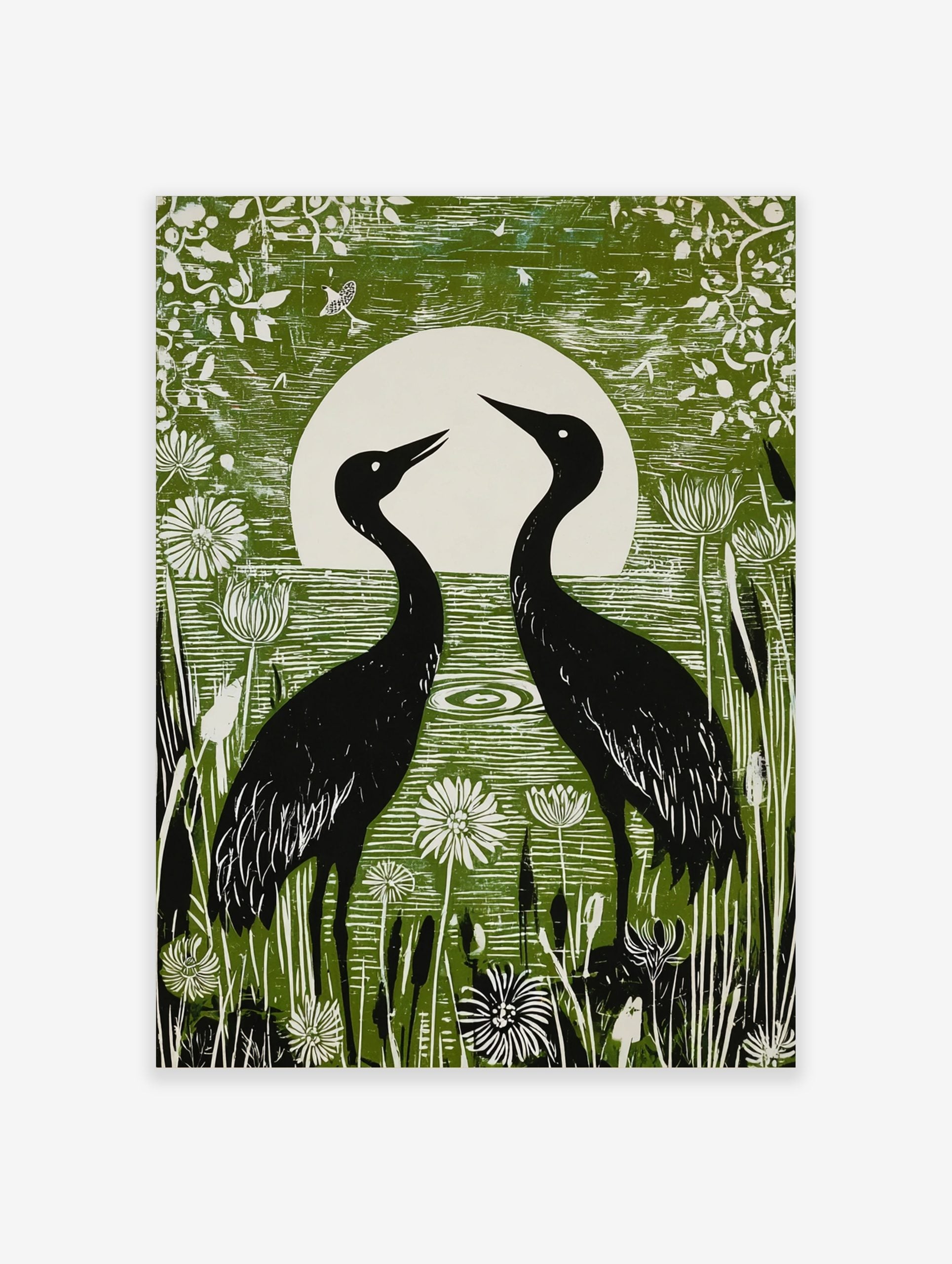 Green linocut style print of two black crane birds facing a white full moon in a wetland with white flowers