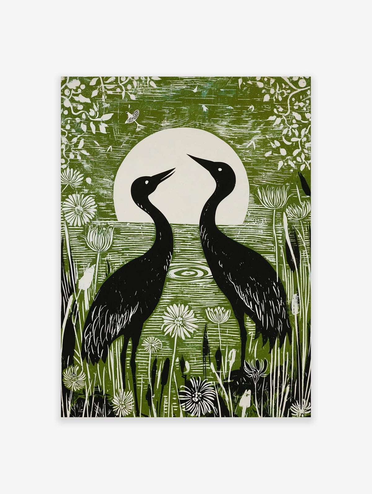 Green linocut style print of two black crane birds facing a white full moon in a wetland with white flowers