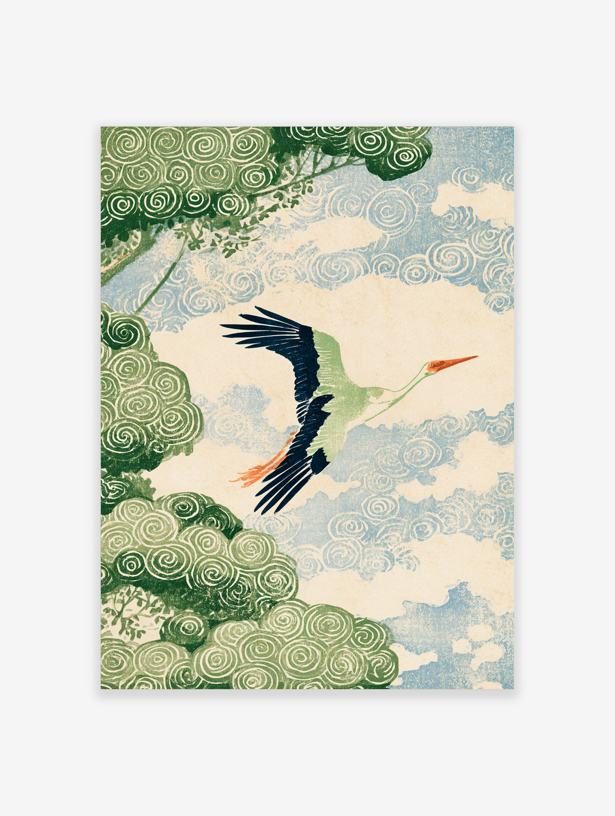 Green crane flying over blue swirl clouds and green spiral foliage in a Japanese-style art print