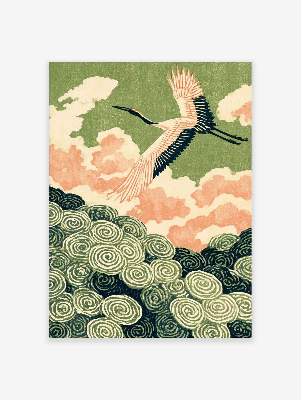 Green crane poster with flying red-crowned crane, pink clouds, and green spiral foliage