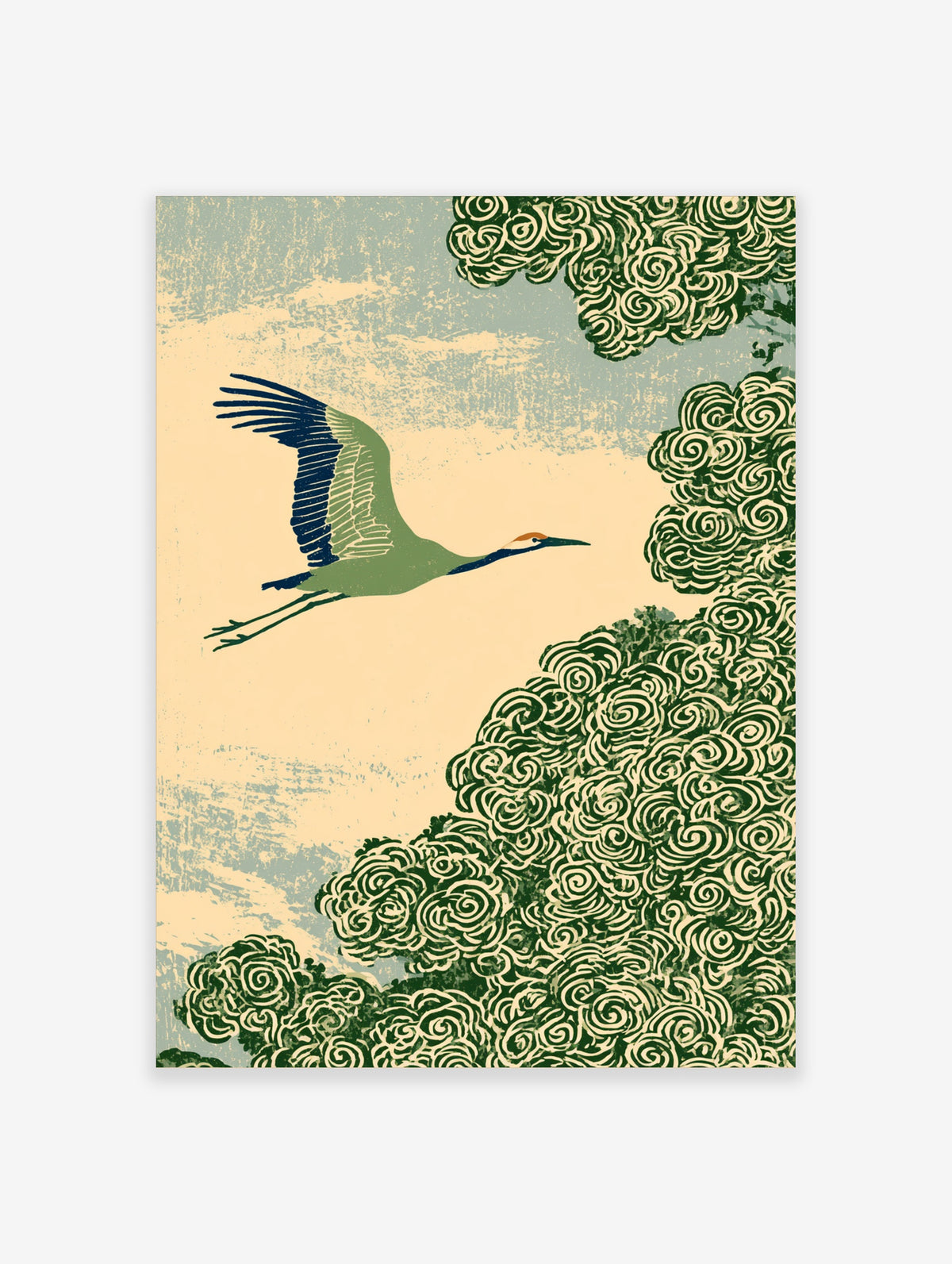 Green crane flying over stylised pine foliage on a cream and blue textured background art print