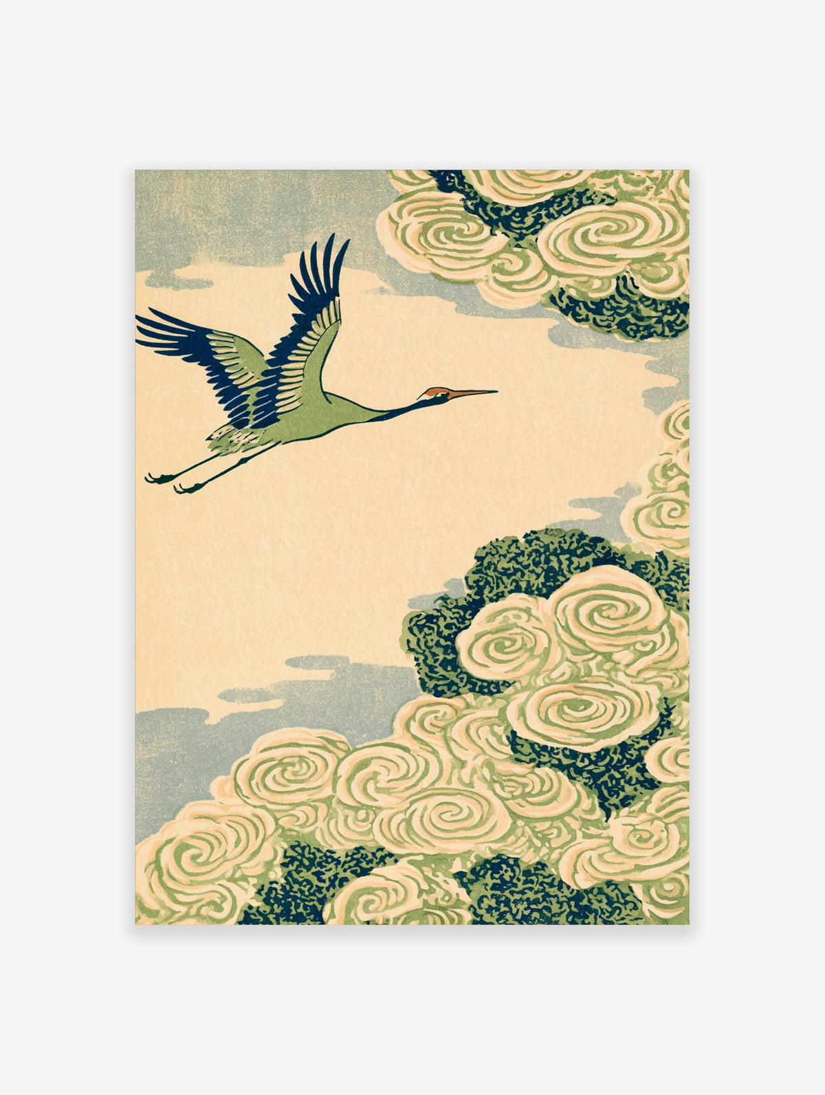 Green crane flying over stylised cream and navy clouds on a beige background, Japanese-style bird poster