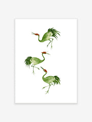 Three watercolour style green cranes with reddish crowns in a vertical arrangement on a white background