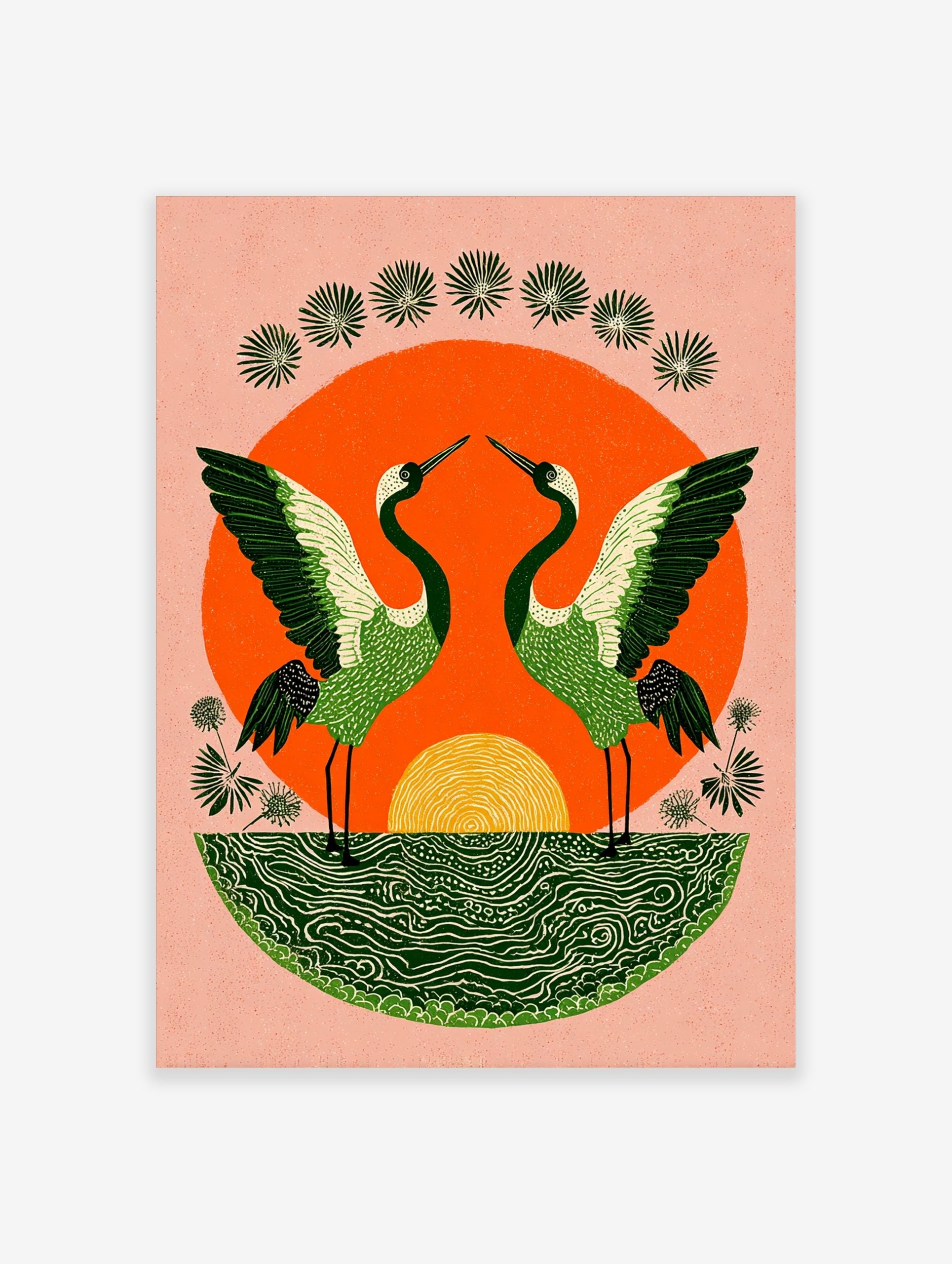 Illustrative print of two green cranes with spread wings against an orange sun and green water
