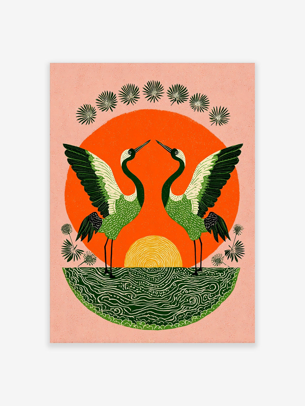 Illustrative print of two green cranes with spread wings against an orange sun and green water