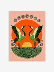 Illustrative print of two green cranes with spread wings against an orange sun and green water