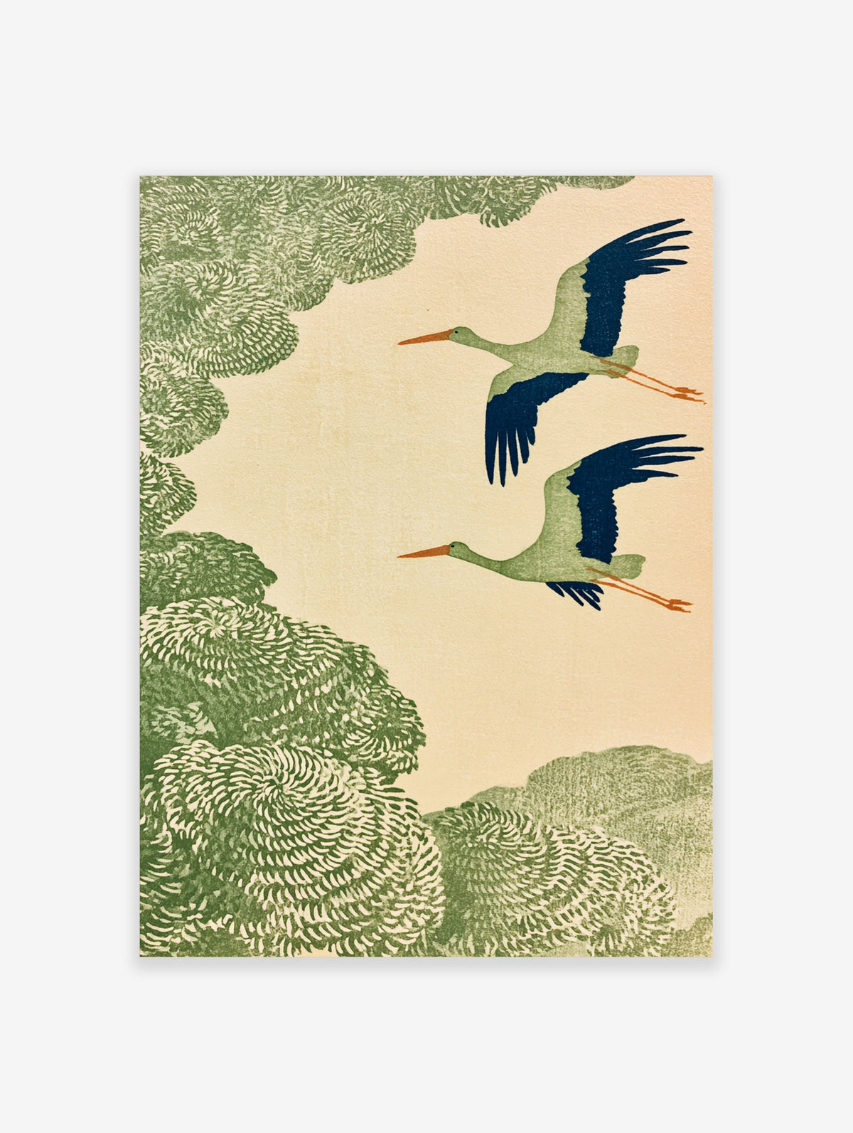 Green crane bird art print with two flying cranes and textured foliage on beige background