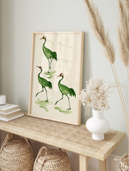 Vintage style illustration of three green cranes with red crowns on a textured cream, in an alternate framed mockup