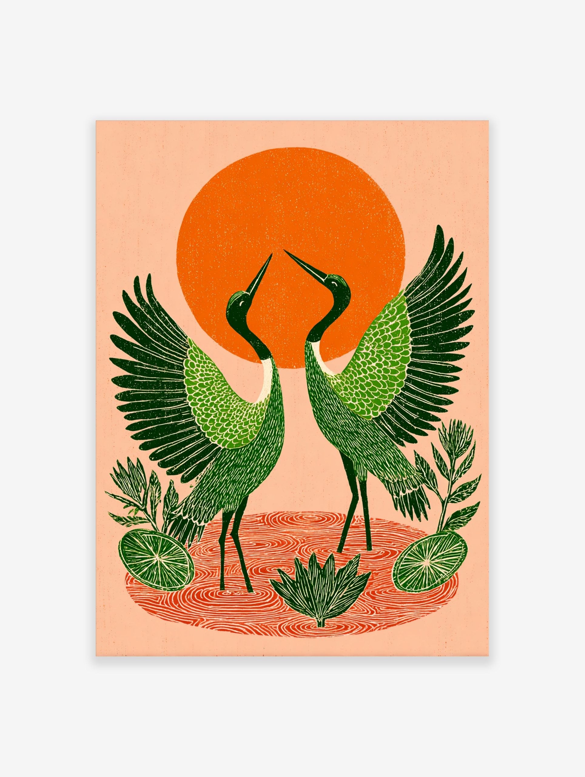 Illustrative green cranes with spread wings, orange sun, and water ripples print