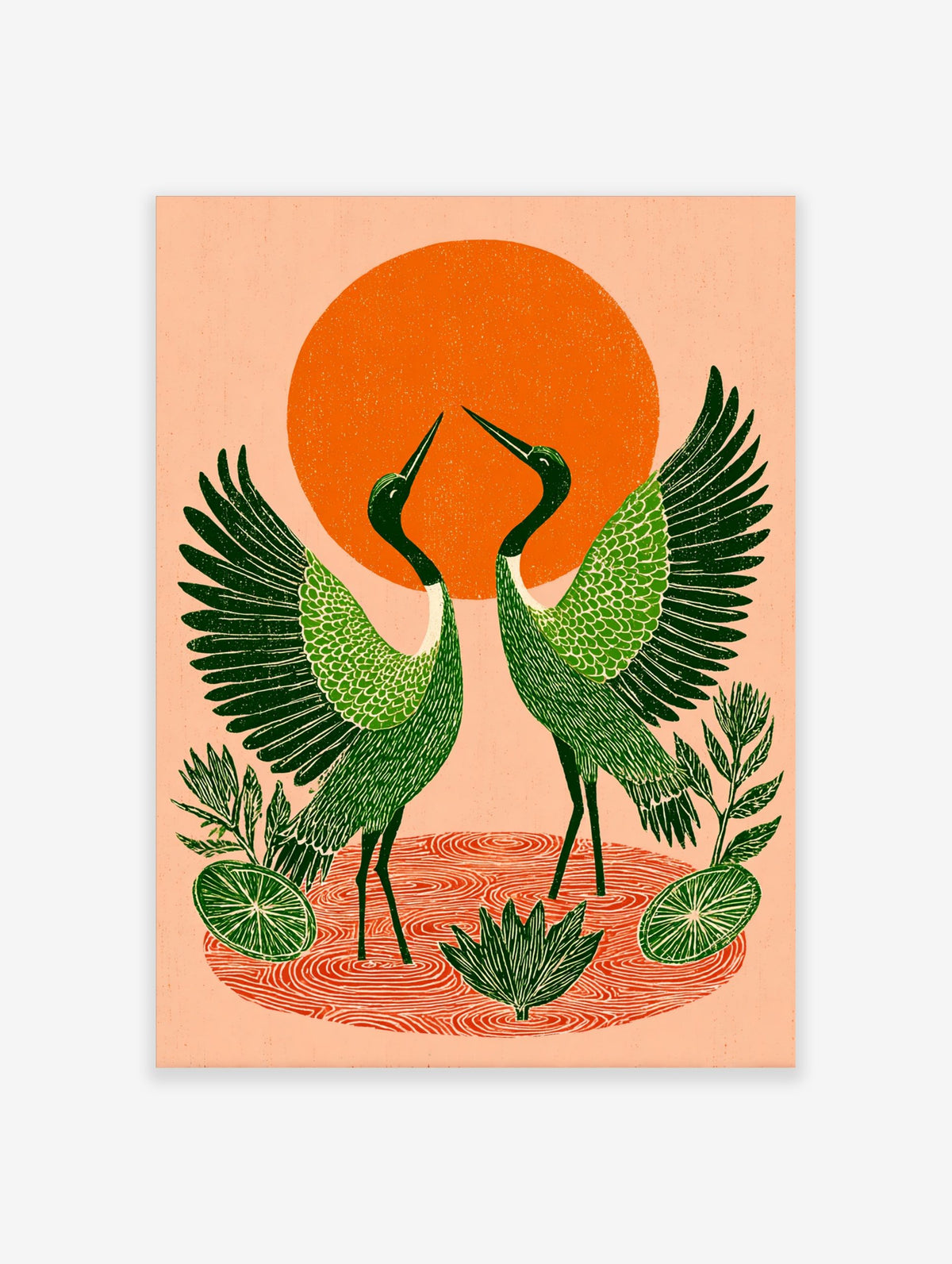Illustrative green cranes with spread wings, orange sun, and water ripples print