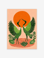 Illustrative green cranes with spread wings, orange sun, and water ripples print