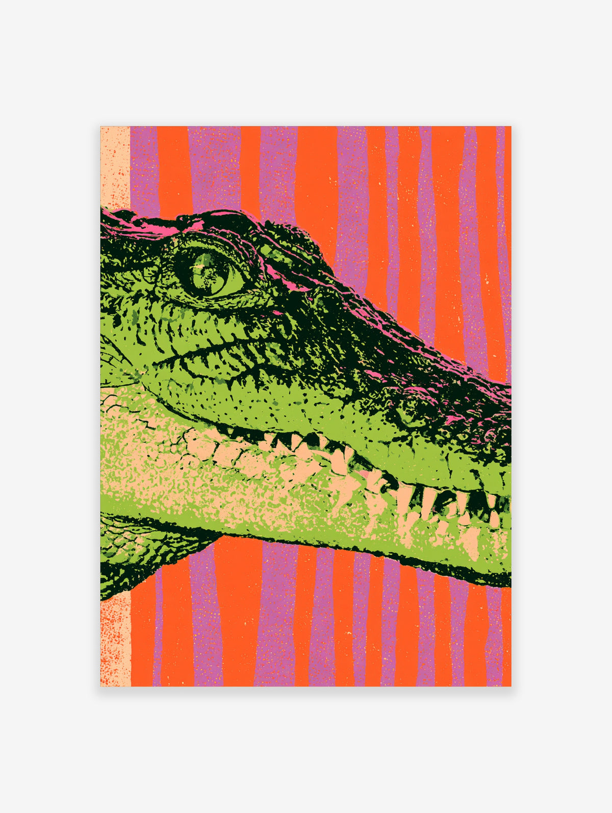 Green crocodile pop art print with open jaw and orange and purple striped background