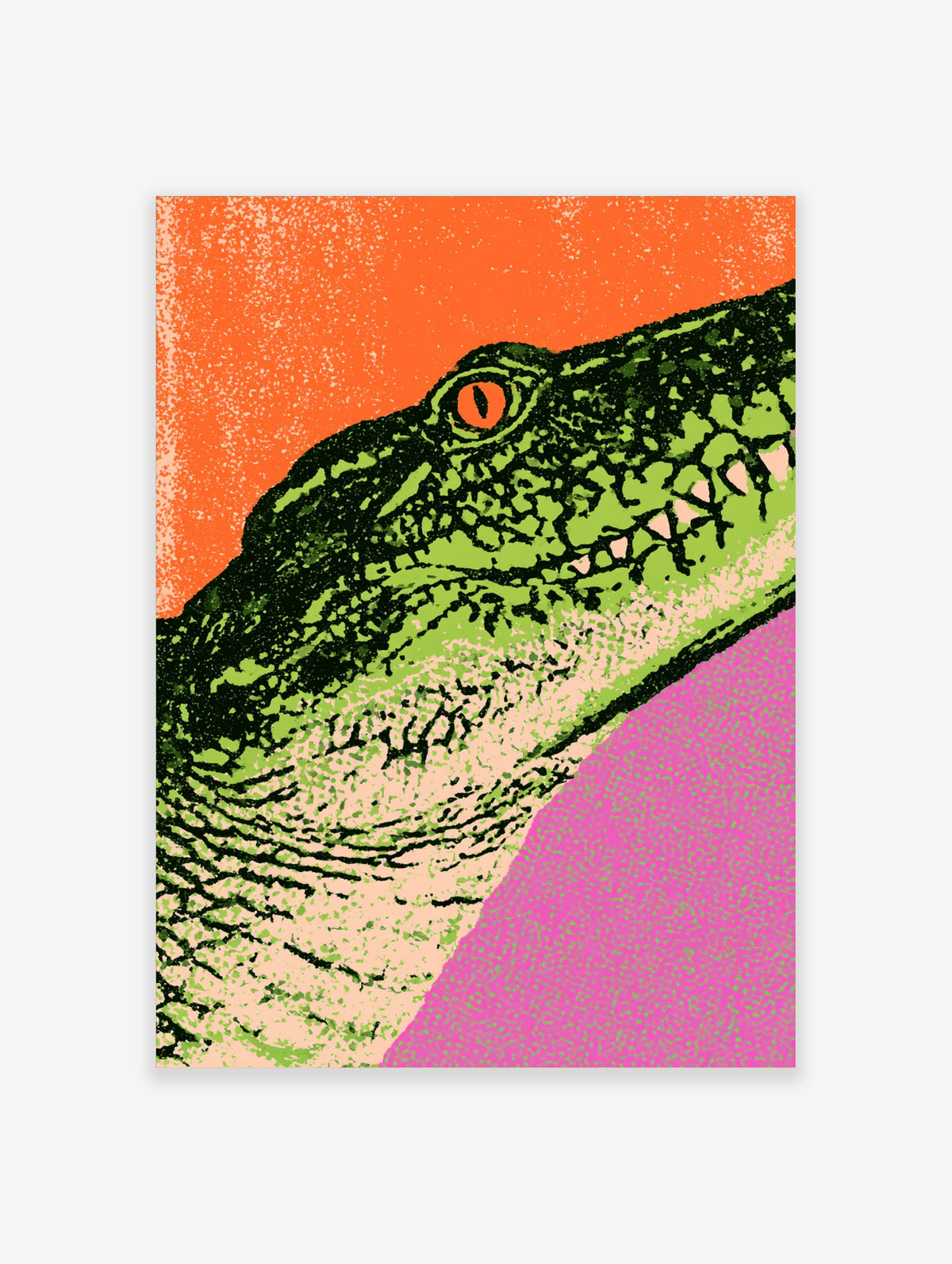 Green crocodile head profile with orange eye and open jaw on orange and pink background
