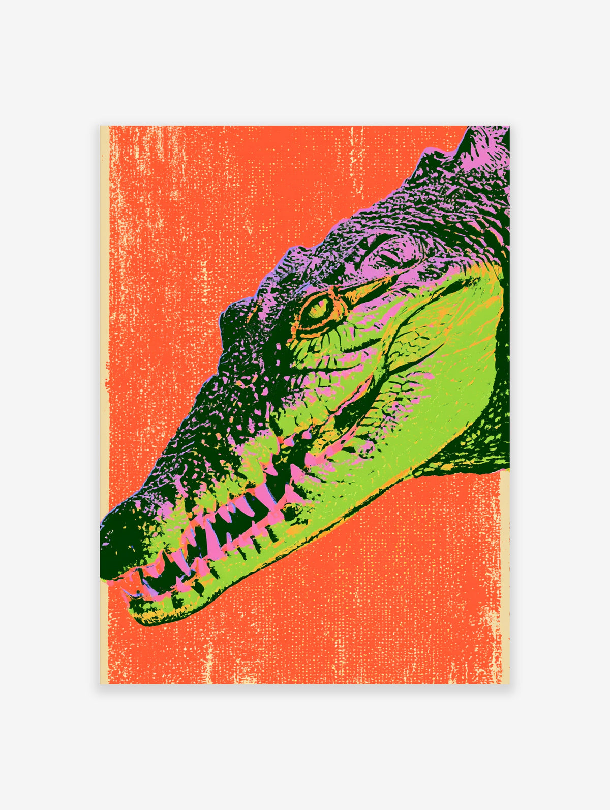 Green crocodile pop art print with open jaws, pink and orange background, unframed paper poster