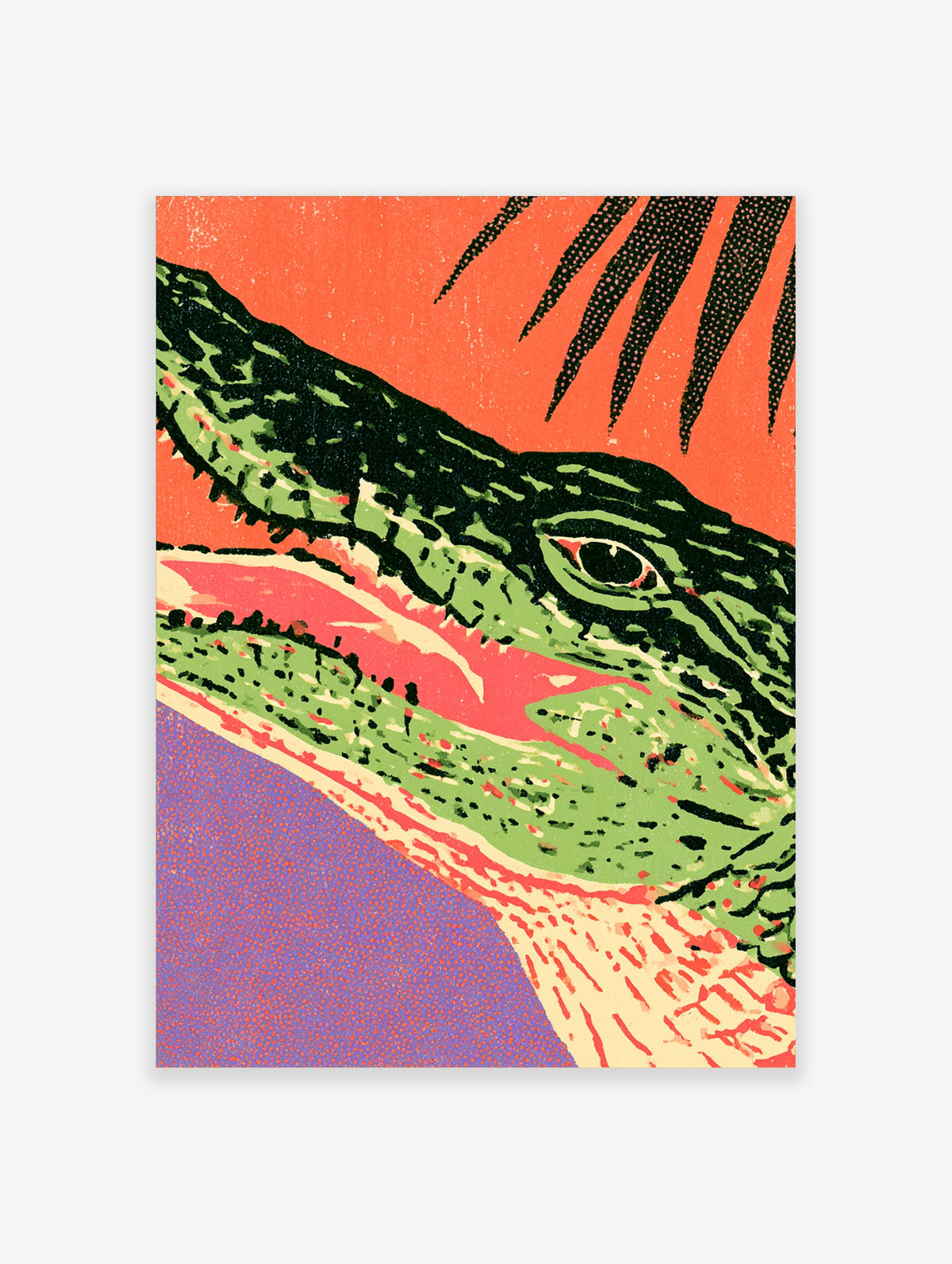 Green crocodile with open jaw and dark scales on orange background, animal art print