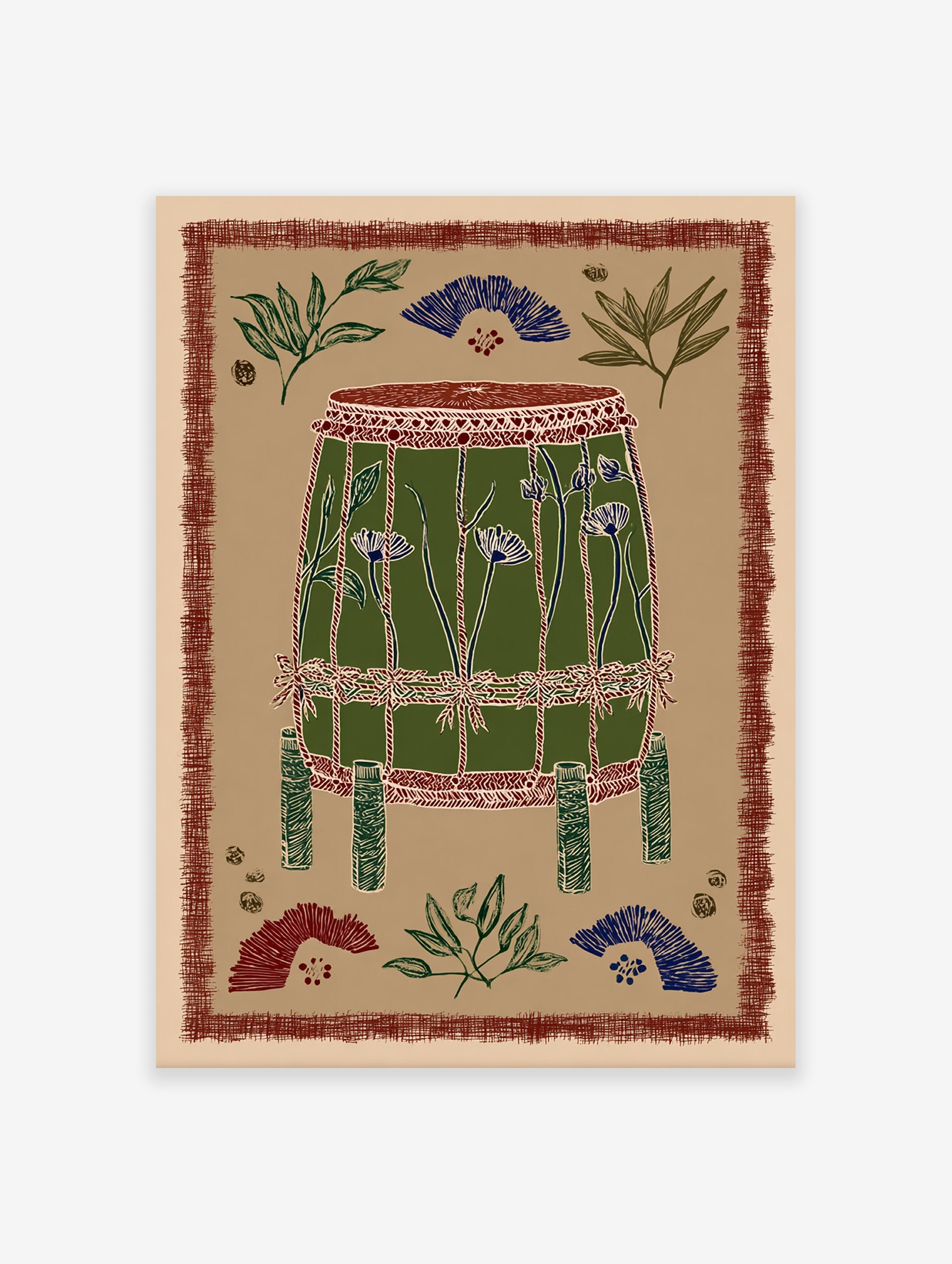 Cultural drum art print with green body, blue flowers, and red patterned border on a beige background.