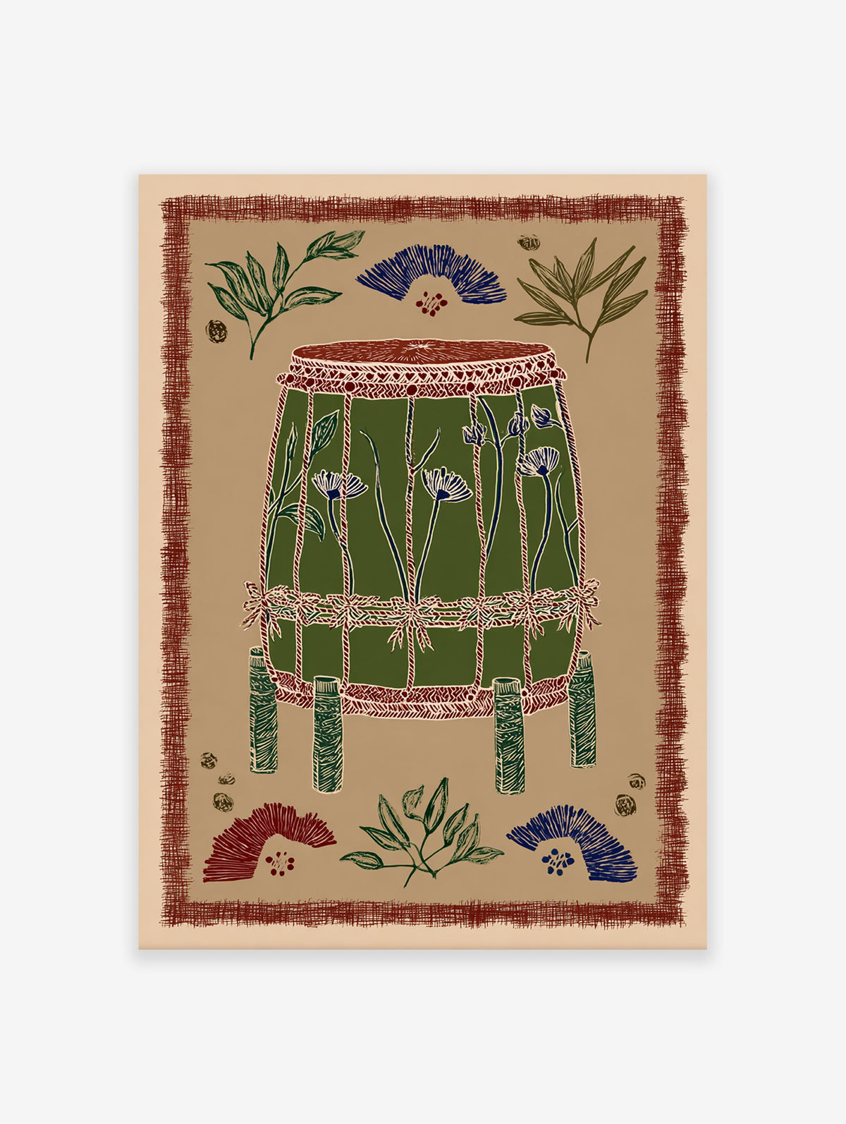 Cultural drum art print with green body, blue flowers, and red patterned border on a beige background.