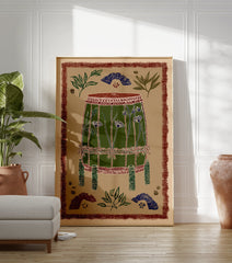 Cultural drum art print with green body, blue flowers, and red patterned border on a beige background. - Image 3