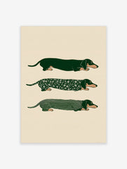 Three illustrative green dachshund dogs, one plain, one floral, one striped, on a light background