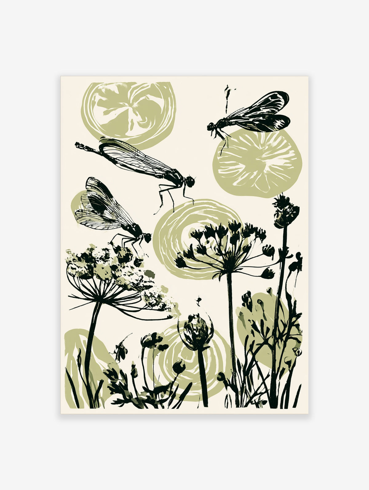 Green damselfly art print with three insects, botanical stems, and pale green citrus slices on cream