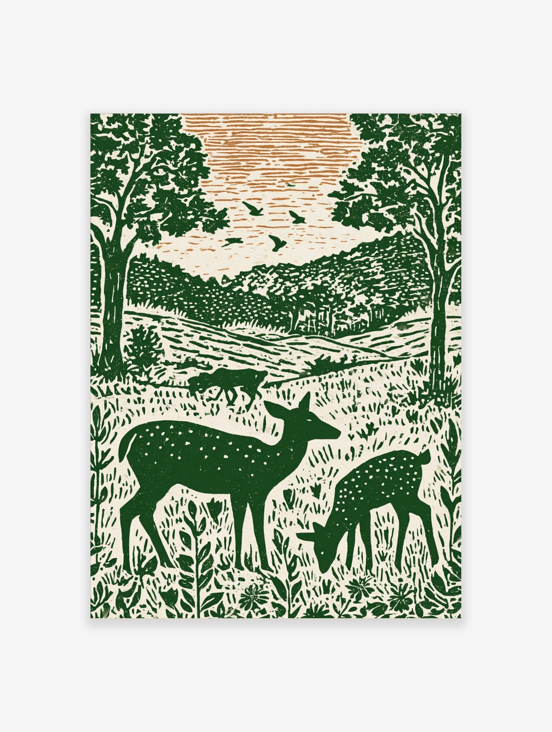 Illustrative green deer family in forest with trees and hills, woodcut style nature print
