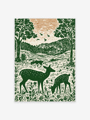 Illustrative green deer family in forest with trees and hills, woodcut style nature print