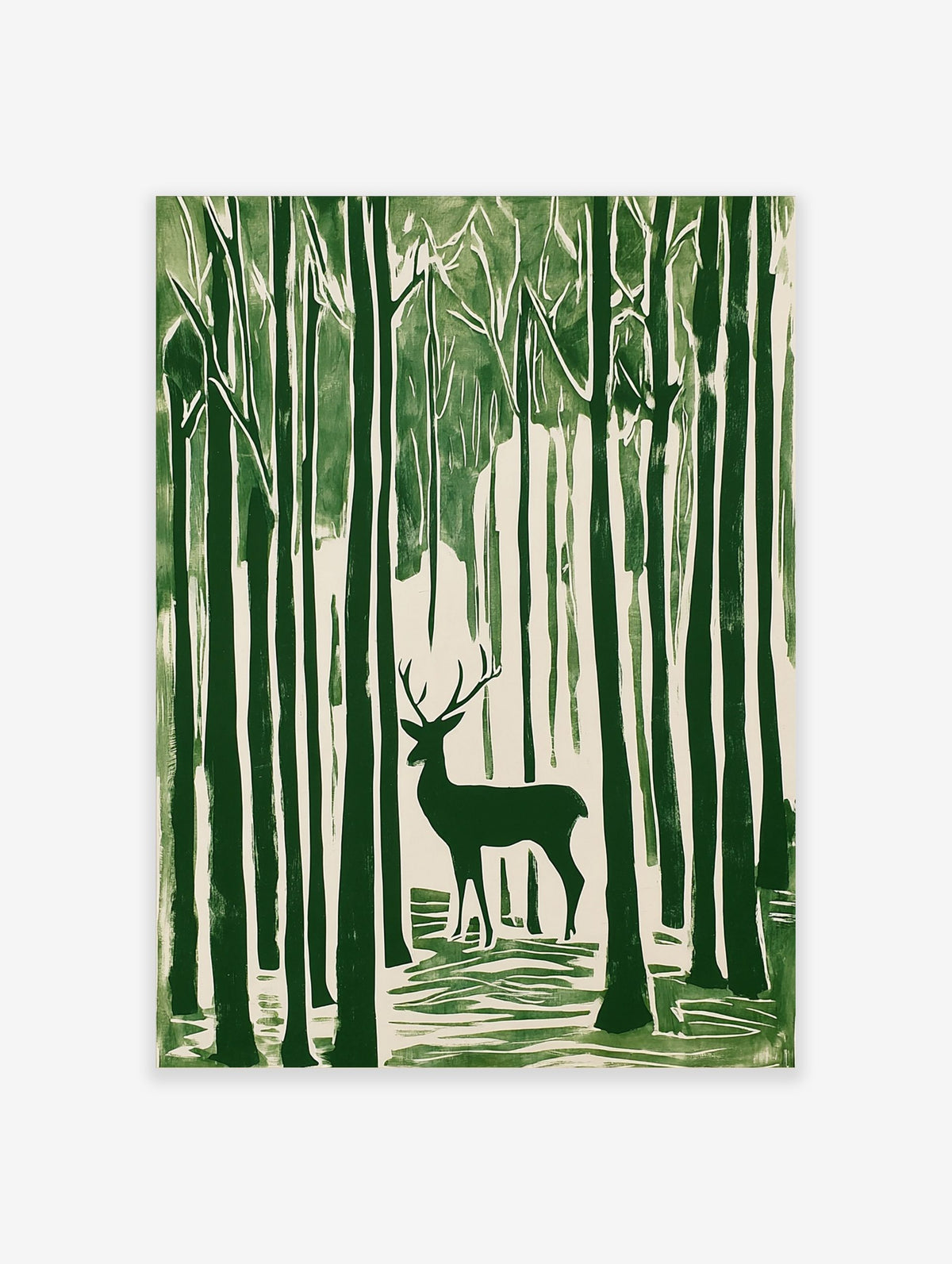 Green linocut style art print of a stag with antlers standing amongst tall forest trees