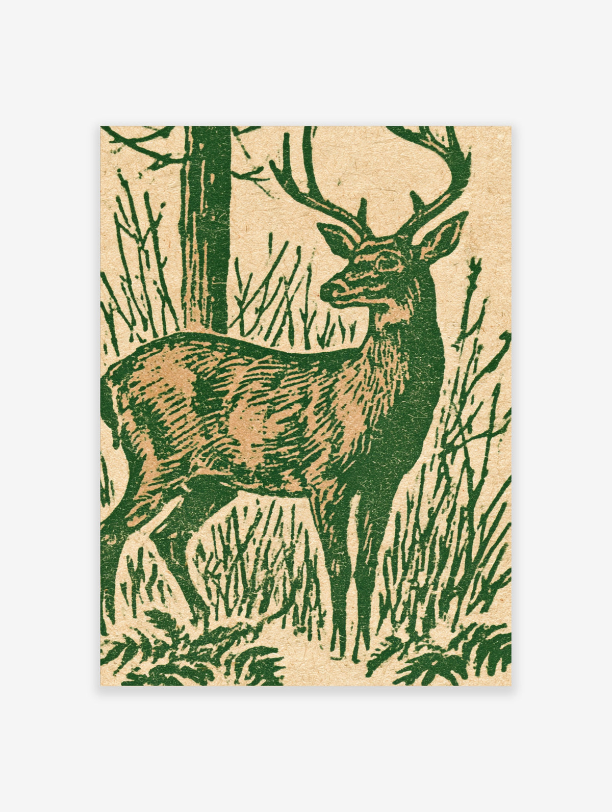 Green woodcut deer print with standing stag among tall grass and tree trunks on tan paper