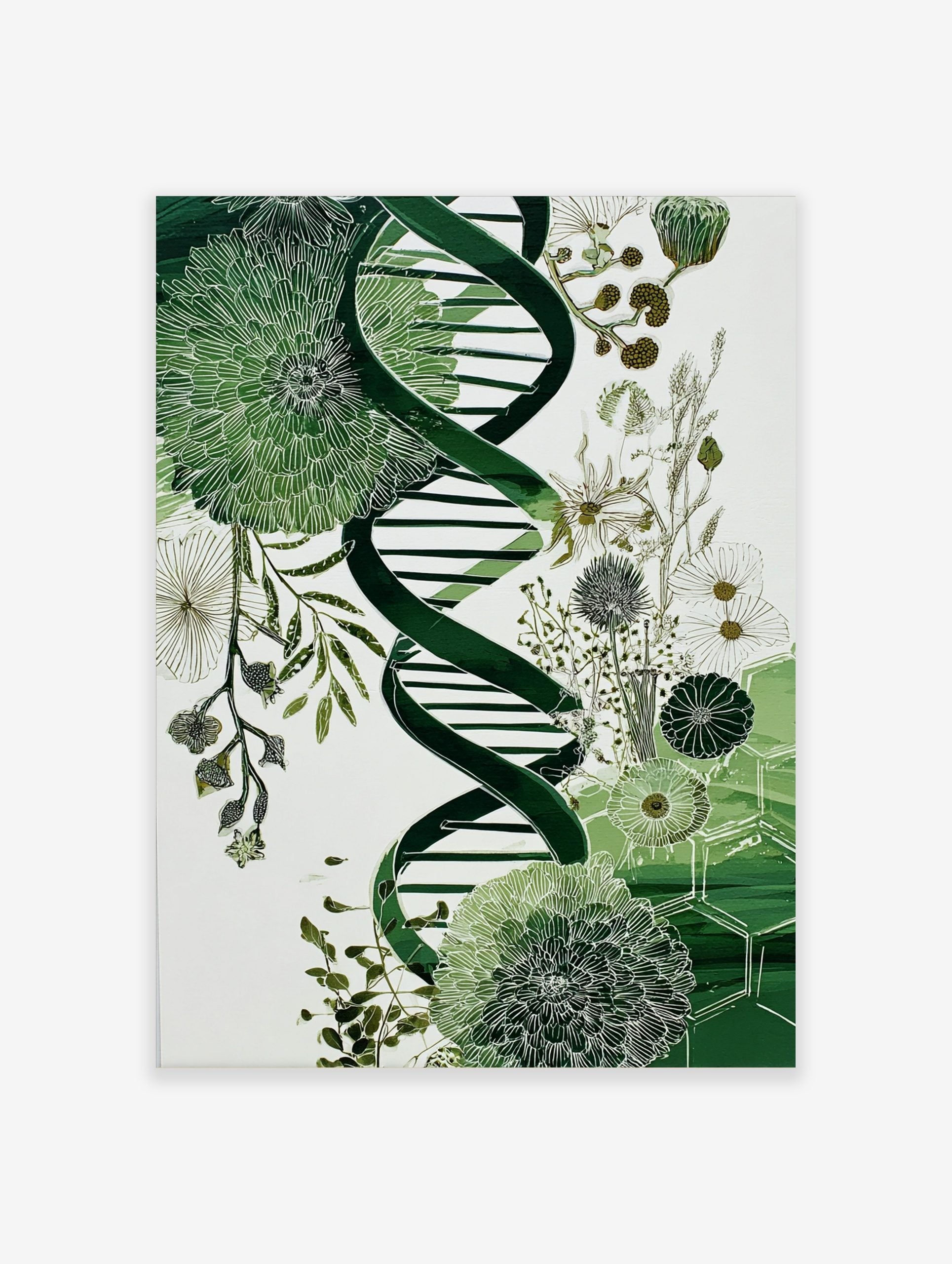 Green DNA helix intertwined with detailed botanical flowers and leaves on a white background, illustrative style