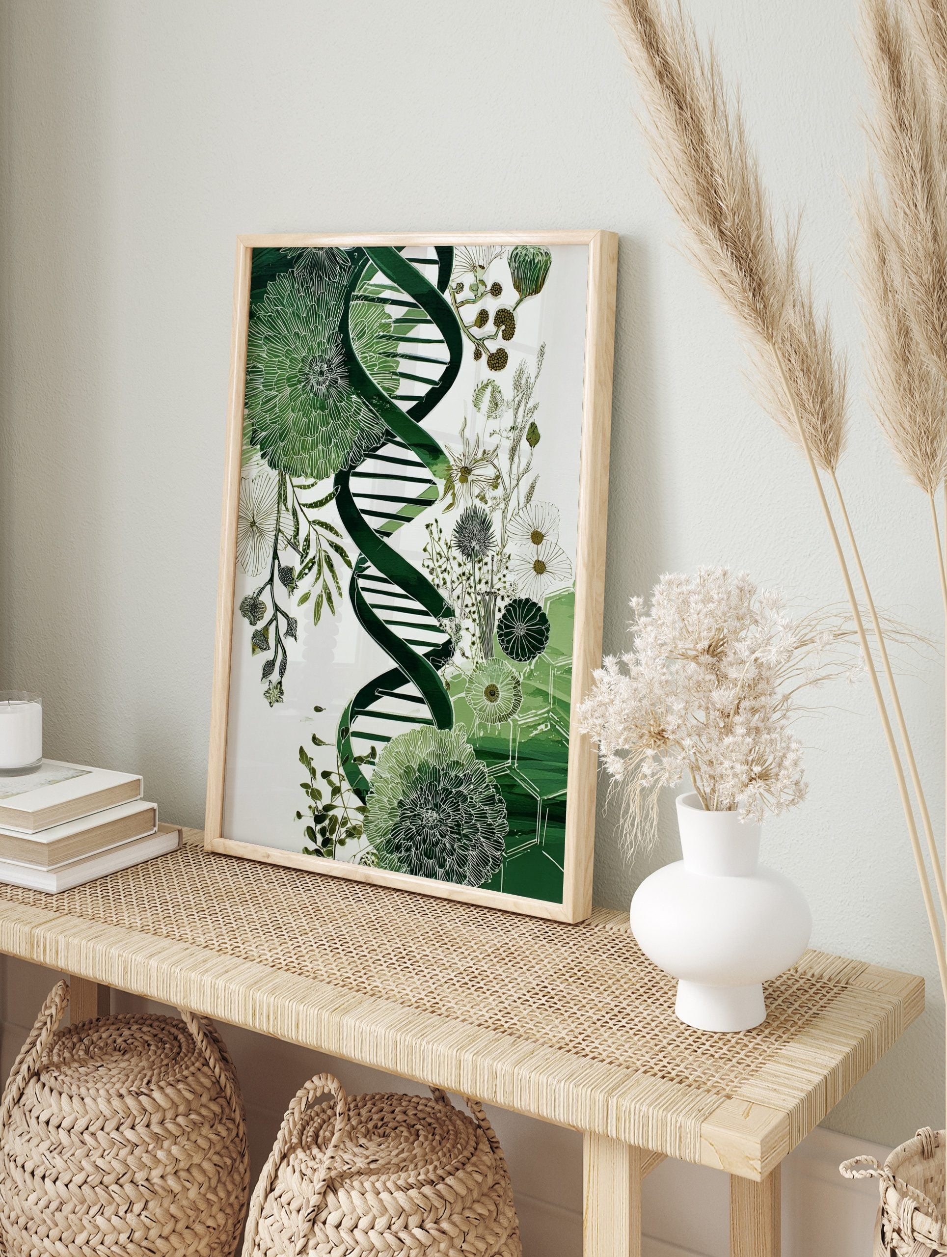 Green DNA helix intertwined with detailed botanical flowers and leaves on a white background, in an alternate framed mockup