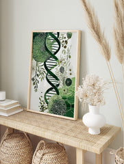Green DNA helix intertwined with detailed botanical flowers and leaves on a white background, in an alternate framed mockup