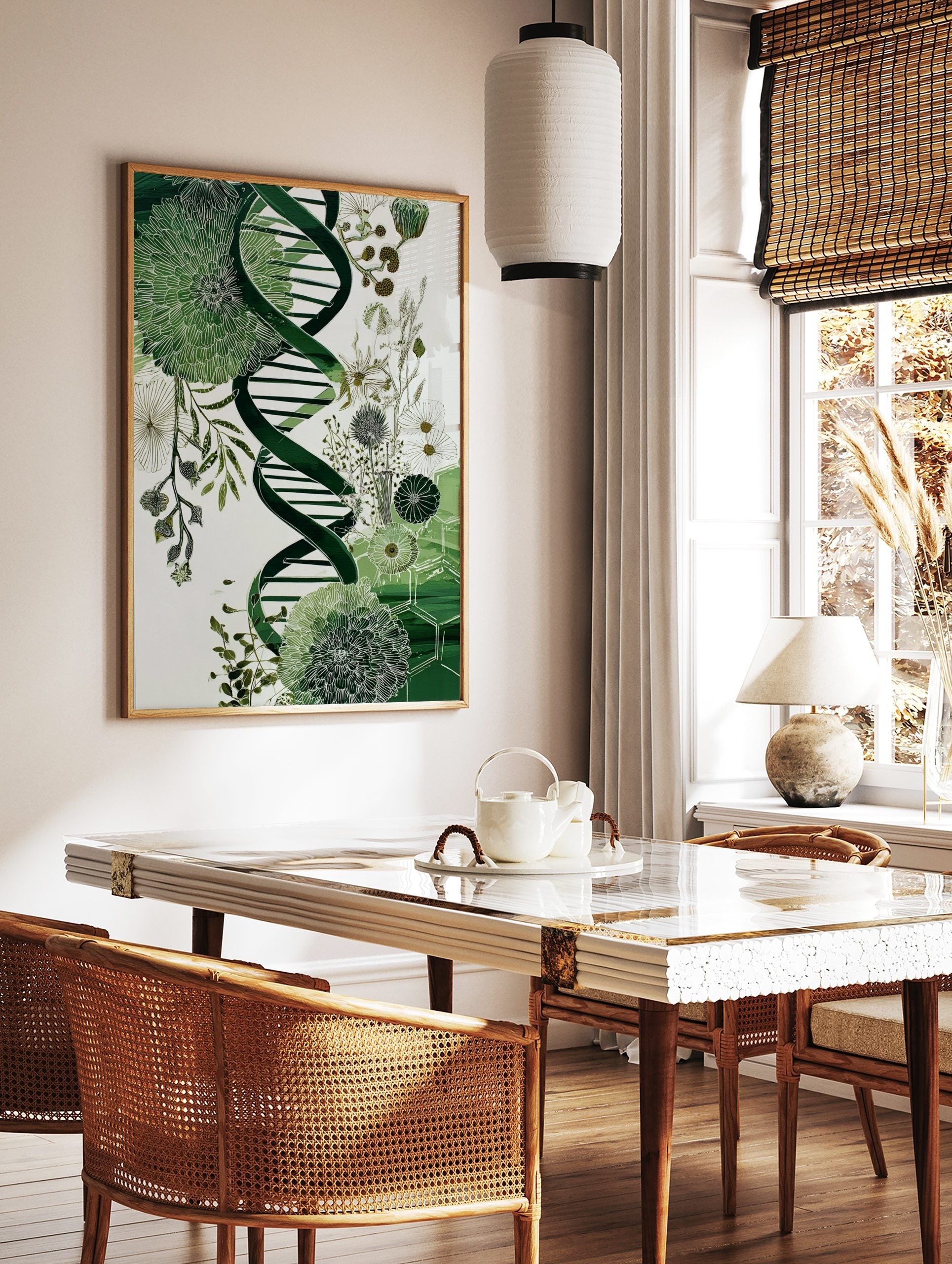 Green DNA helix intertwined with detailed botanical flowers and leaves on a white background, in a styled room mockup