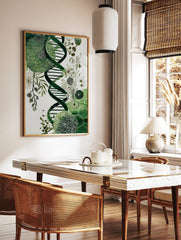 Green DNA helix intertwined with detailed botanical flowers and leaves on a white background, in a styled room mockup