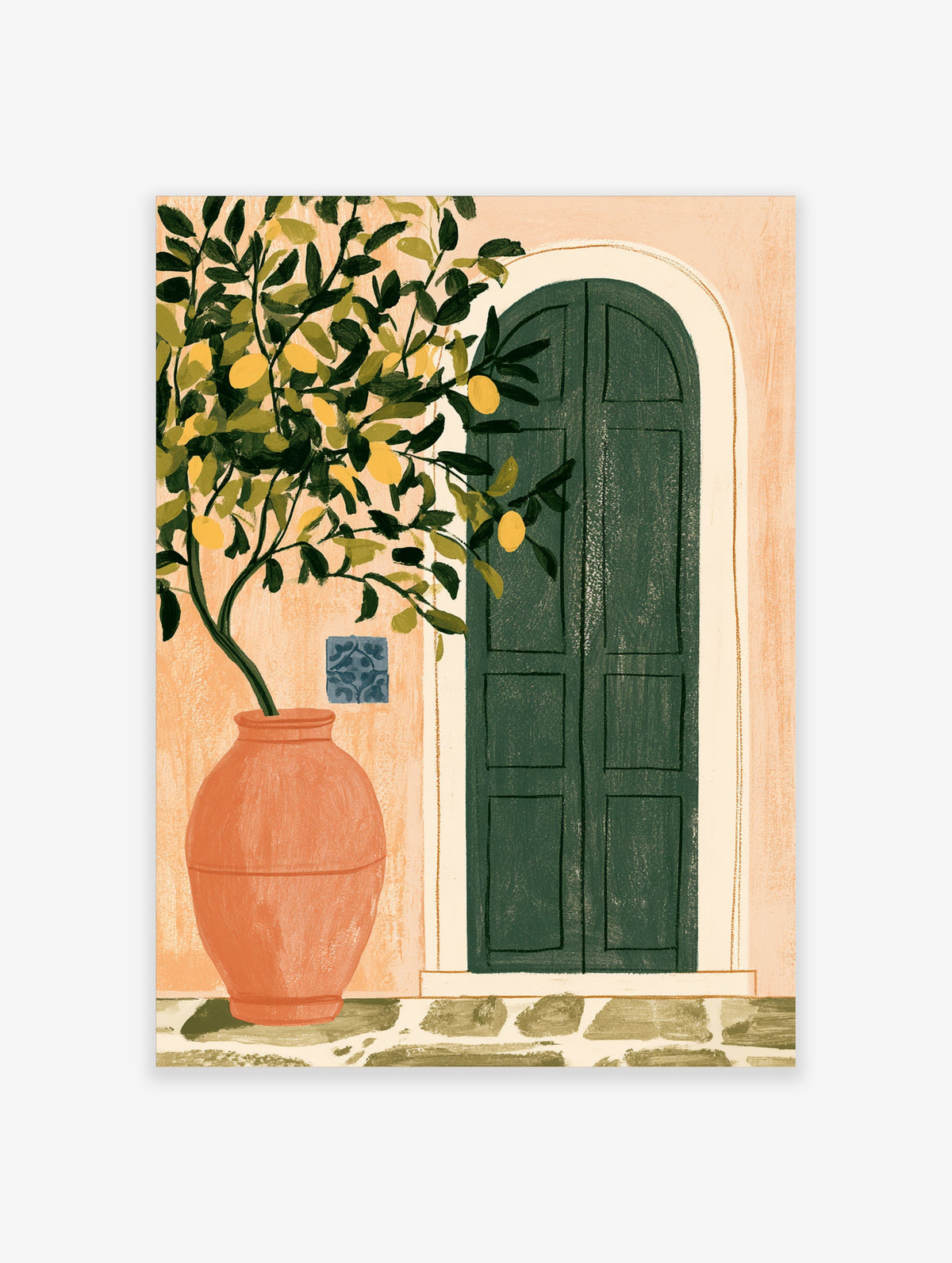 Mediterranean wall art print of a green arched door, lemon tree in a terracotta vase, and blue tile on a peach wall