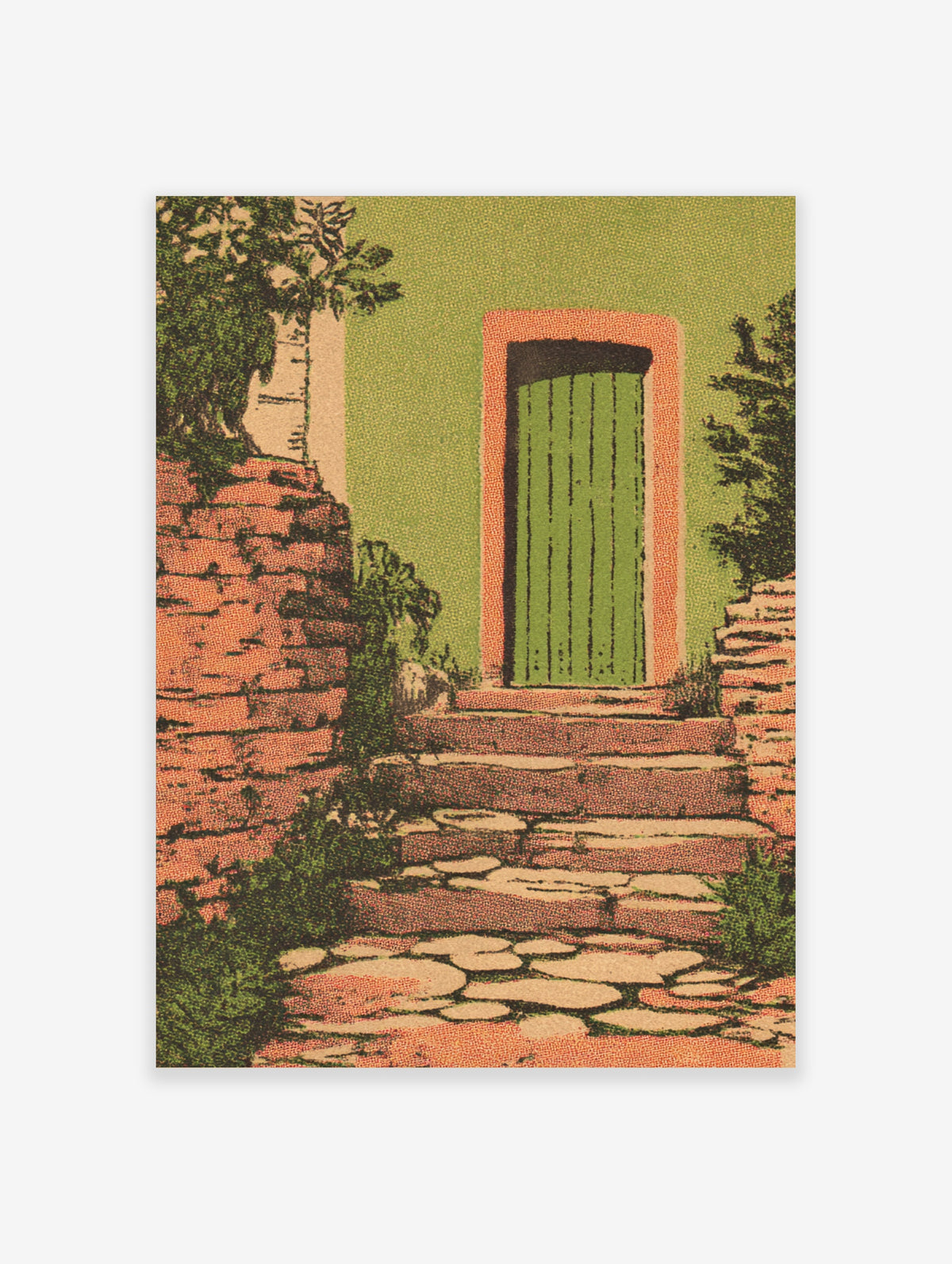 Green door with pink frame above stone steps, surrounded by foliage, textured illustration