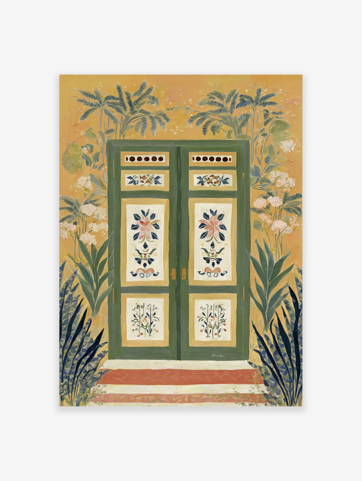 Vibrant green door wall art surrounded by tropical plants and white flowers on a yellow wall with red steps leading up.