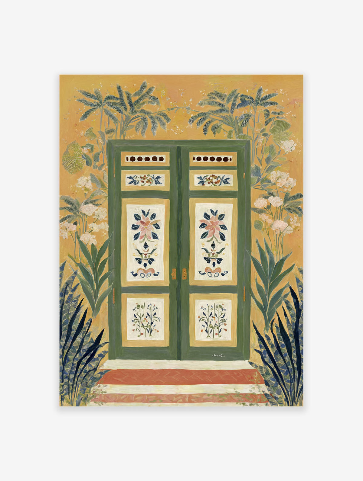 Vibrant green door wall art surrounded by tropical plants and white flowers on a yellow wall with red steps leading up.