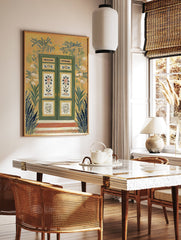 Vibrant green door wall art surrounded by tropical plants and white flowers on a yellow wall with red steps leading up. - Image 2