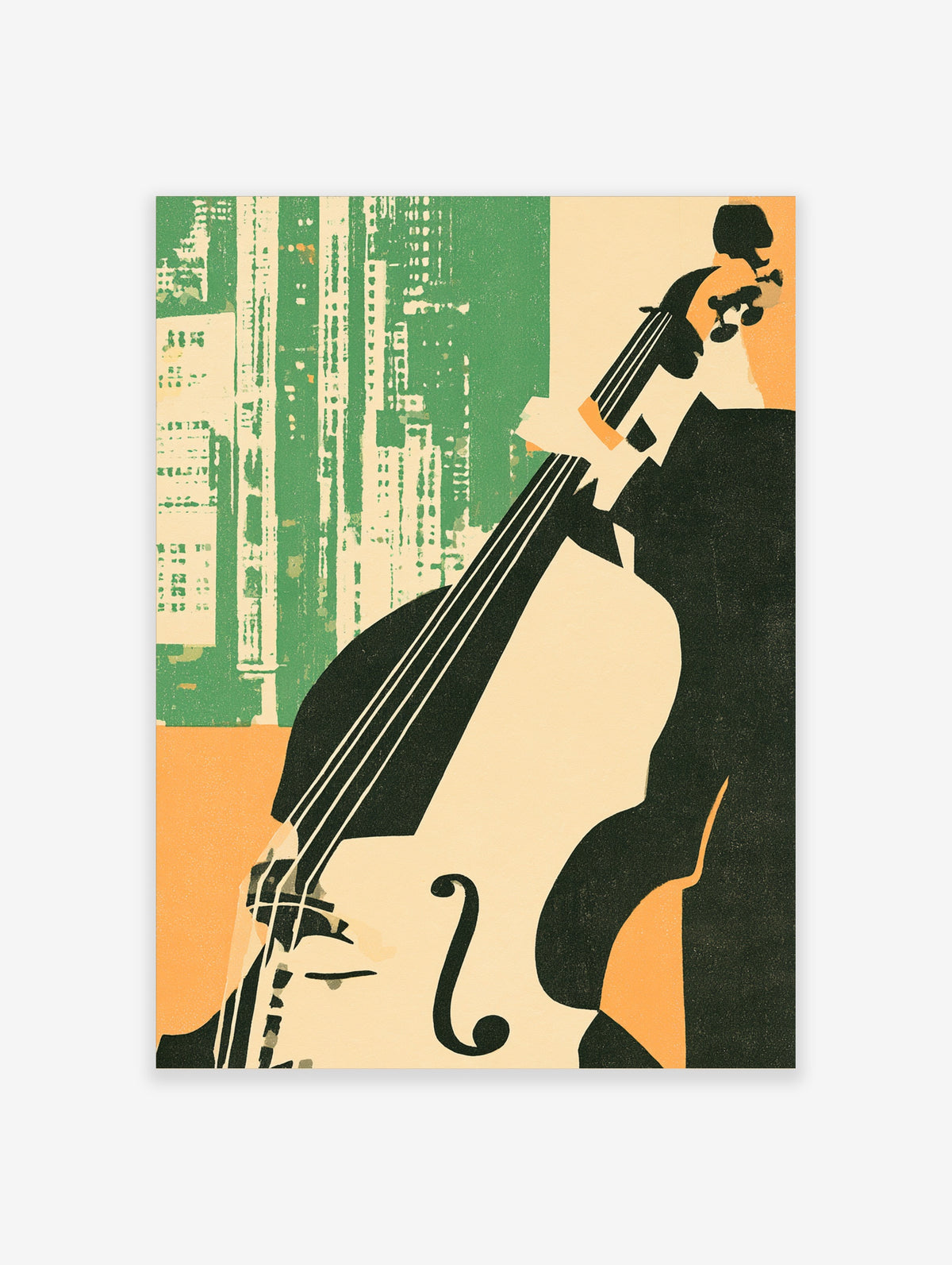 Green double bass poster with city skyline, black strings, and orange accents