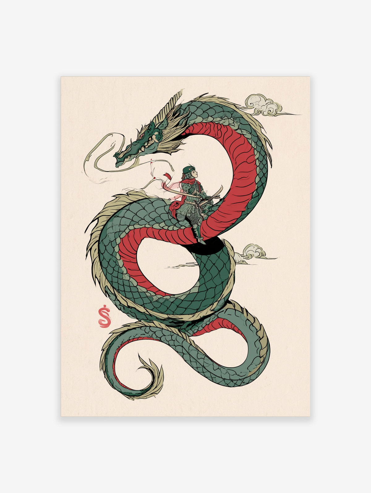 Illustration of a warrior riding a green dragon with red belly on beige background